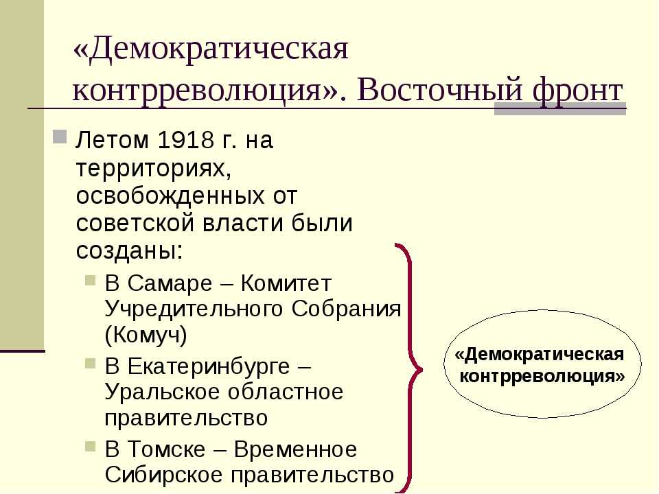 Правительство демократический. Демократическая контрреволюция в гражданской войне. Цели Демократической контрреволюции в гражданской войне. Участники гражданской войны Демократическая контрреволюция. Демократическая контрреволюция 1918.